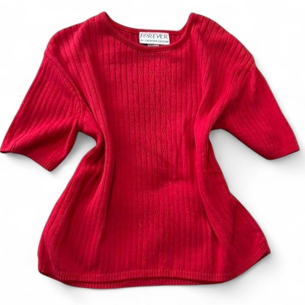 Vintage 90s Red Ribbed Knit Short Sleeve Sweater, Women's Size L